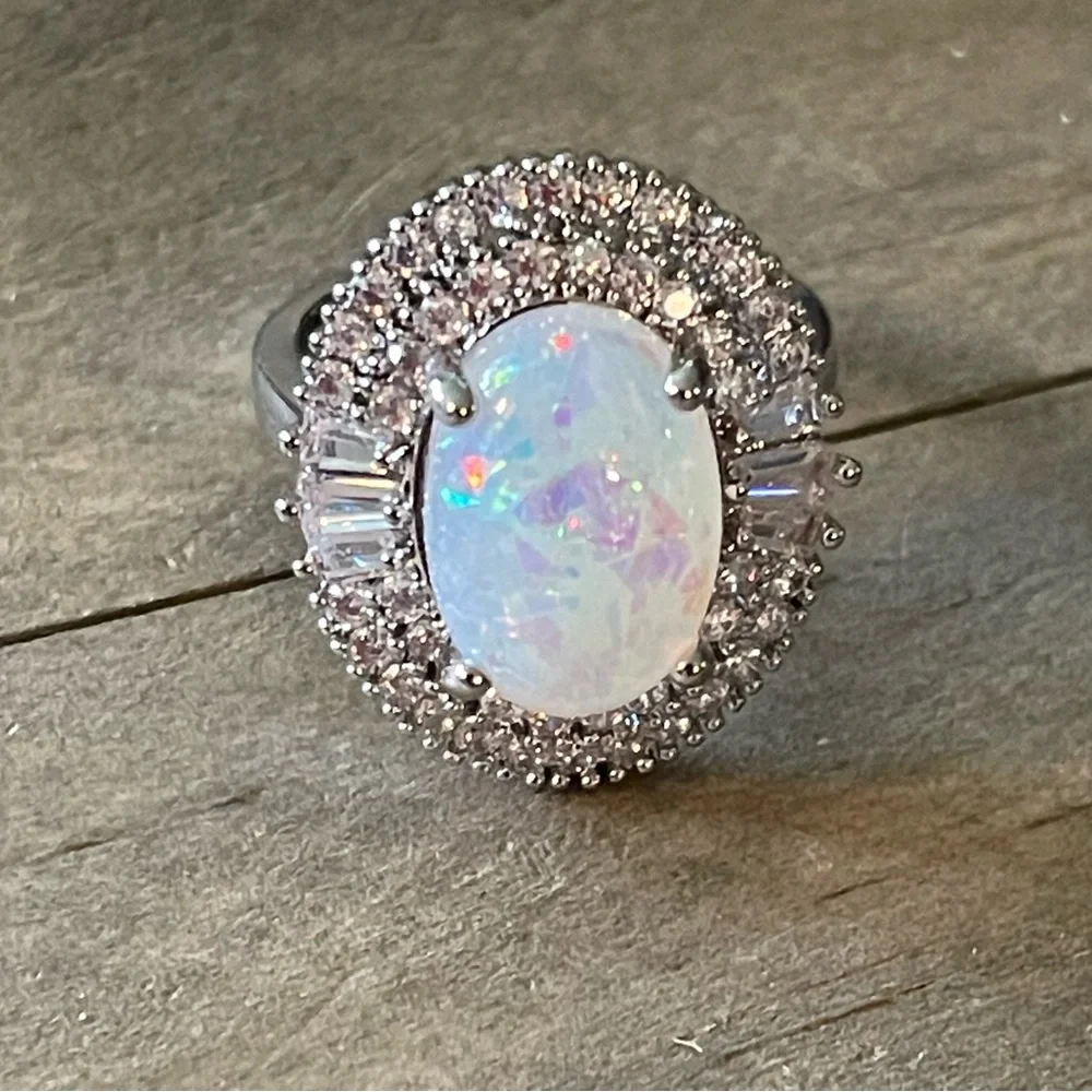 Fire Opal, Lab Created, Cubic Zirconia, Halo, Oval Cut Baguette Ring, Sz 7
